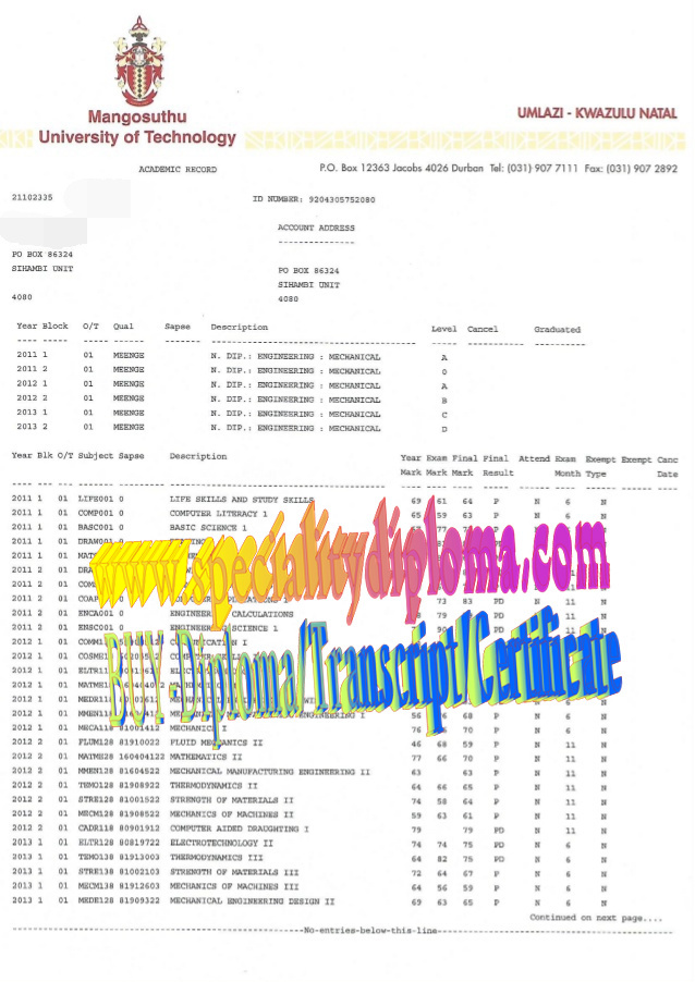 Best Fake Mangosuthu University of Technology Diploma