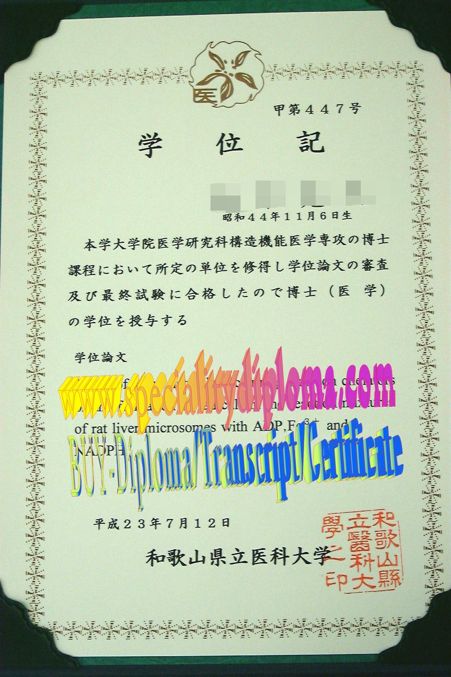 Buy fake Wakayama Medical University Diploma