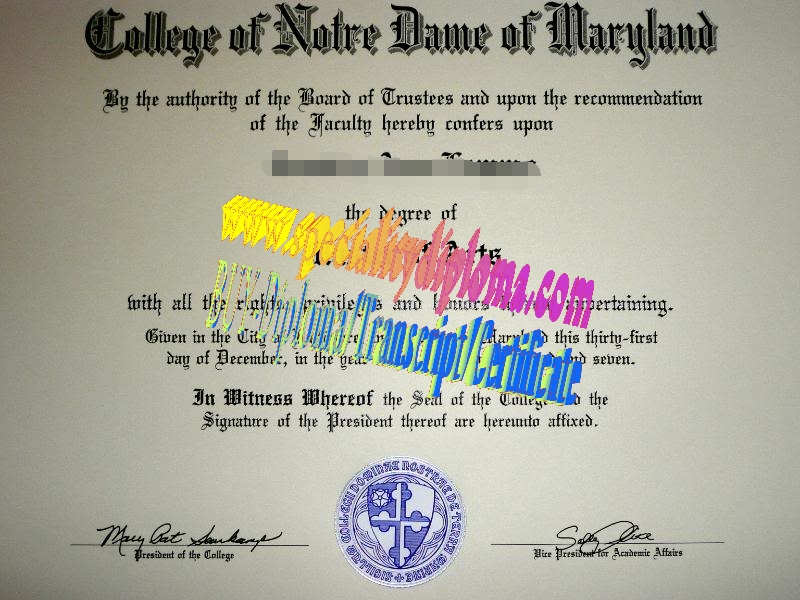 Fake College of Notre Dame of Maryland Diploma Certificate