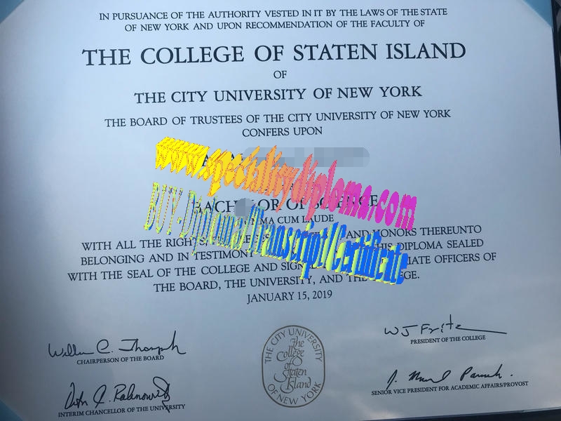 Fake College of Staten Island CUNY Diploma Certificate