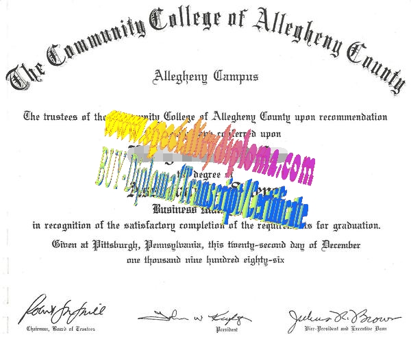 Fake Community College of Allegheny County Diploma Certificate