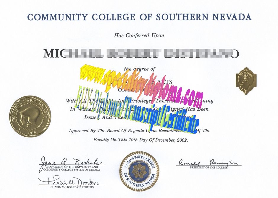 Fake Community College of Southern Nevada Diploma Certificate