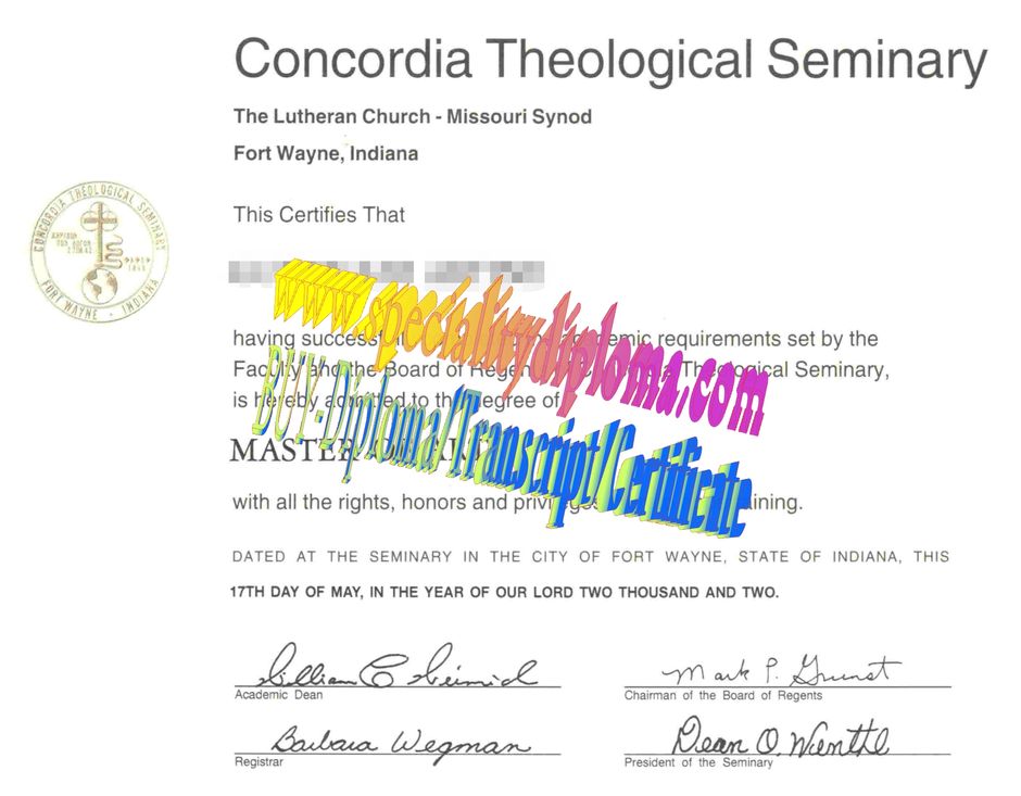 Fake Concordia Theological Seminary Diploma Certificate