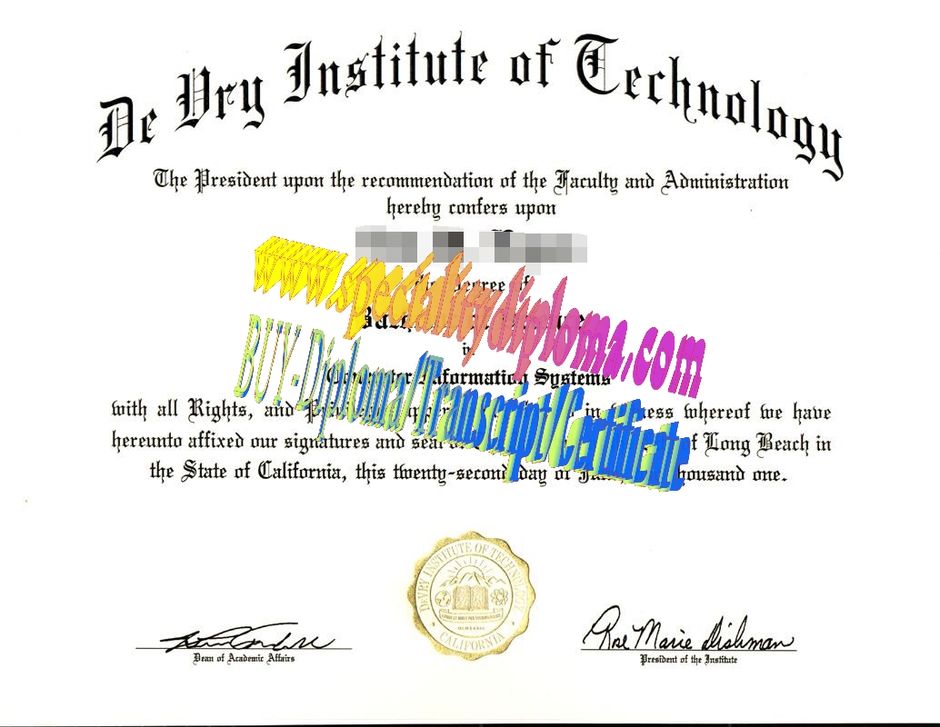 Fake DeVry Institute of Technology Diploma Certificate