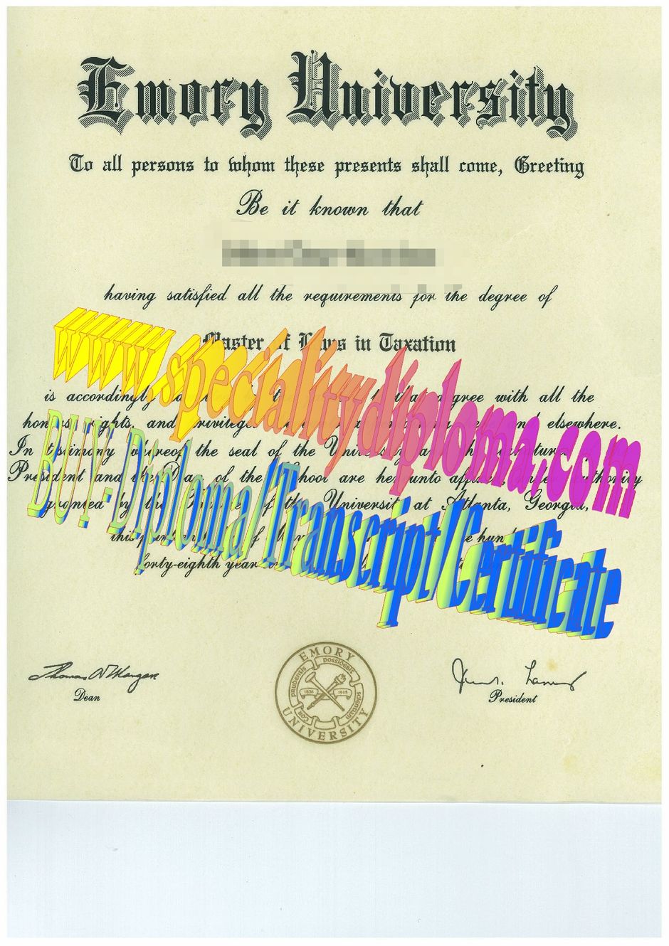 Fake Emory University Diploma Certificate