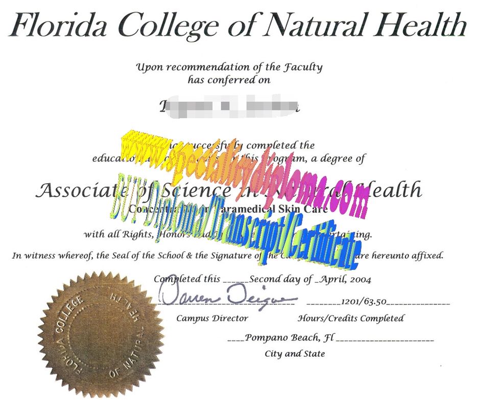 Fake Florida College of Natural Health Diploma Certificate