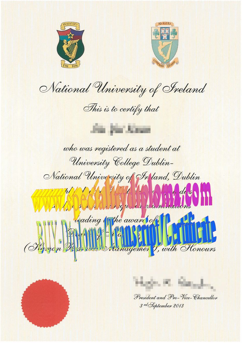 Fake University College Dublin Diploma Certificate