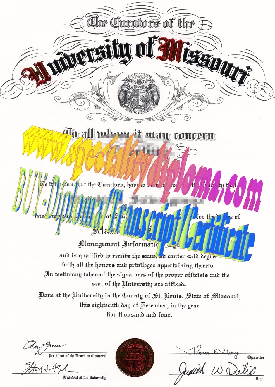 Make fake University of Missouri Diploma